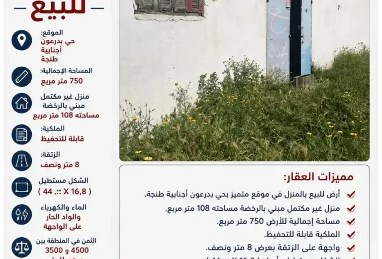 أرض للبيع بها منزل غير مكتمل برخصة – حي بدريون، اجزناية، طنجة (750 م²)