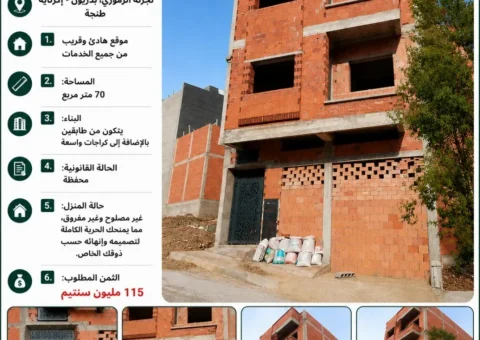Maison Non Finie à Vendre (R+2 avec Garages) – Lotissement Zammouri, Badrione, Gzennaya, Tanger (70 m²)