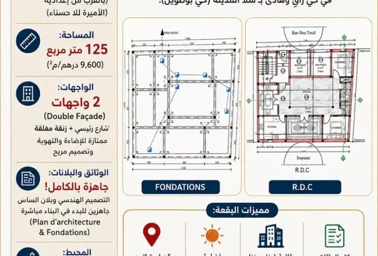 بقعة أرضية للبيع بـ 2 واجهات وبوثائق جاهزة – حي بوطويل، سلا المدينة (125 م²)