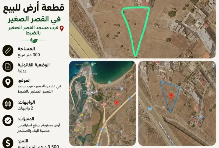 قطعة أرض استراتيجية للبيع بـ 2 واجهات قرب مسجد القصر الصغير والطريق الوطنية N16 (300 م²)