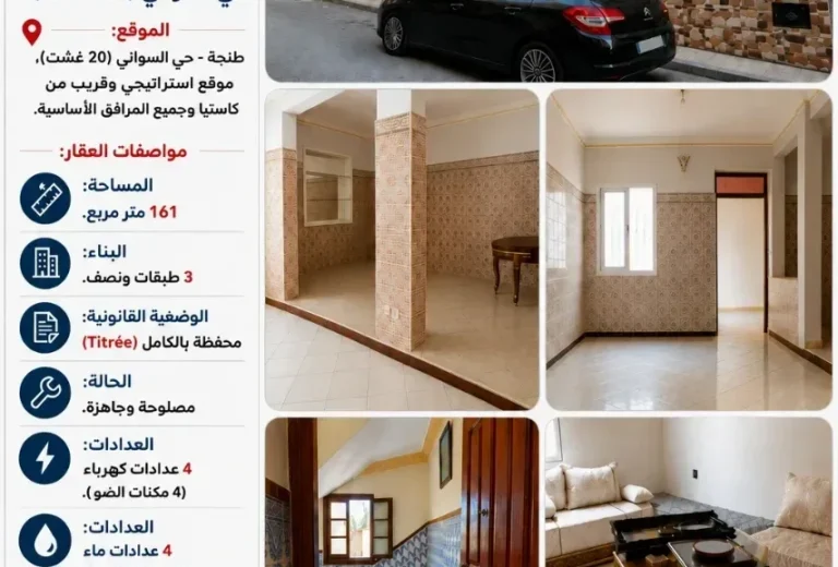 منزل مستقل ومحفظ للبيع (3 طبقات ونصف) – حي السواني (20 غشت)، طنجة (161 م²)