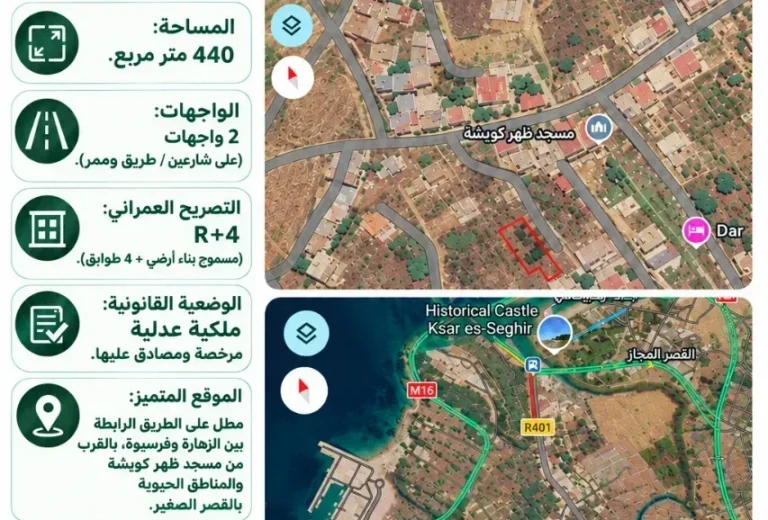 بقعة أرضية استثمارية للبيع لبناء عمارة R+4 بـ 2 واجهات – بالقصر الصغير (بين الزهارة وفرسيوة) (440 م²)