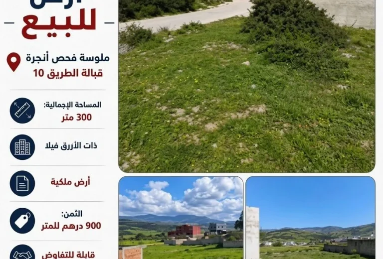أرض لبناء فيلا للبيع قبالة الطريق 10 – ملوسة، إقليم الفحص أنجرة (300 م²)