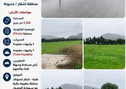 Terrain d'Investissement Titré à Vendre (3 Façades) – Achakar / Mediouna, Tanger (9 320 m²)